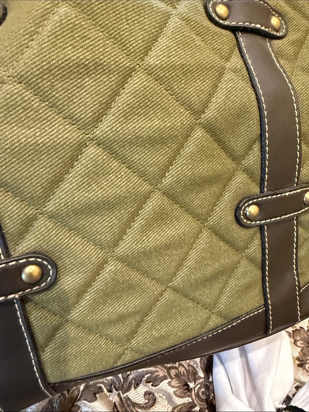 G.H. Bass& Co. Olive Quilted Tote Bag with Brown Trim - Picture 4 of 8